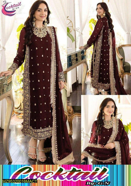 3Pcs Women's Stitched Crinkle Chiffon Embroidered Suit